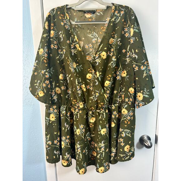 Bloomchic Babydoll Blouse Size 26 Green Floral Boho Faux Wrap Office Siren - Picture 1 of 10